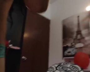 Girl with glasses dance and recording boobs on webcam
