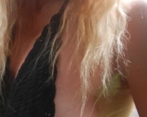 Blonde Running up Stairs with see thru Top in Florida in Public