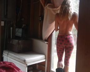 Toned Florida Blonde Desire Topless Striptease near Window nearly Caught