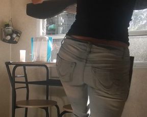 Belly Dancer Strip Tease 420 Panties in Front of Windows Trashy Rip Jeans