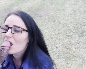 Cumming on Brunette with Glasses Outside!